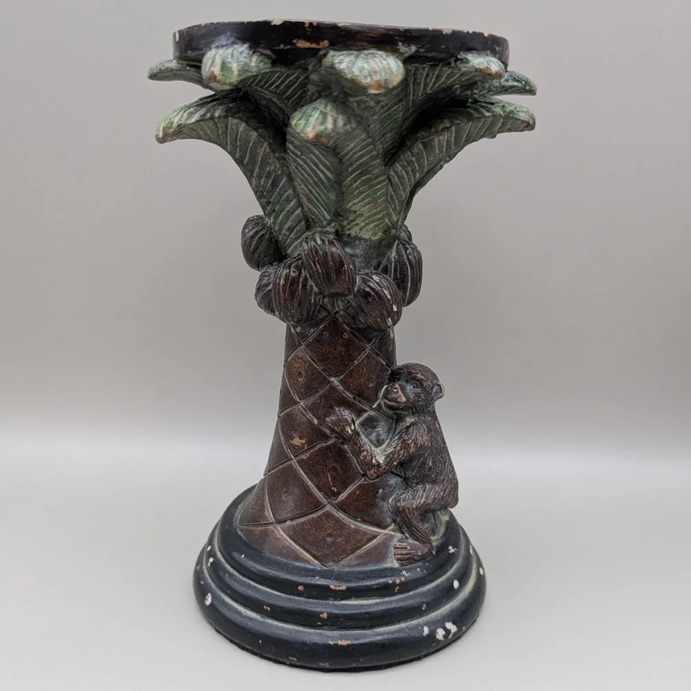 Vintage Style Monkey Palm Tree‎ Coconuts Pillar Candle Stands Holders - Set of 2